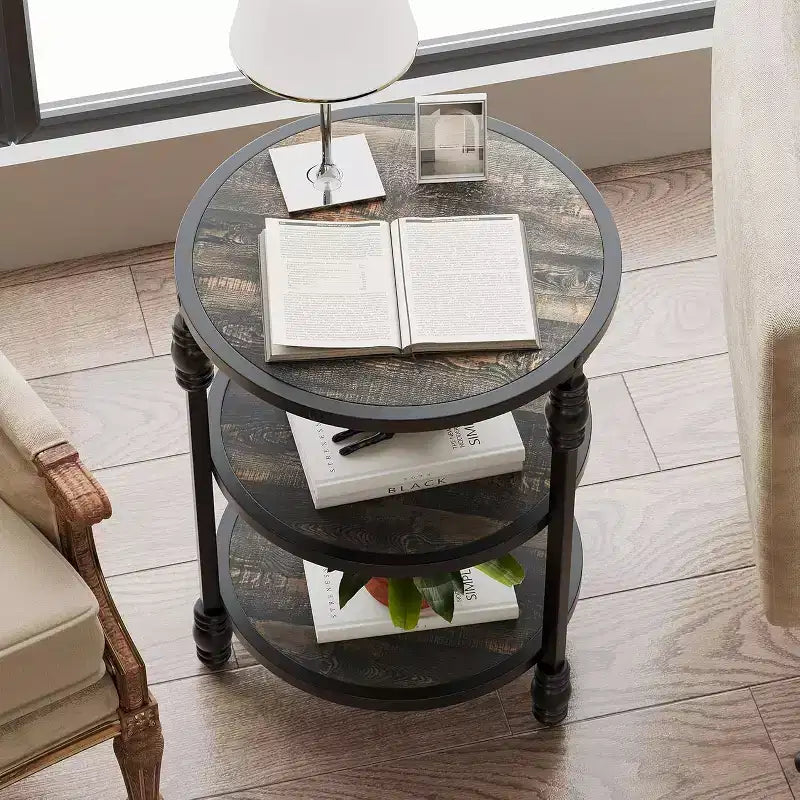 Tavolino rotondo, Tavolino d'appoggio a 3 ripiani per soggiorno con ripiani e struttura in metallo, Tavolino da notte/Comodino in stile industriale e legno per camera da letto