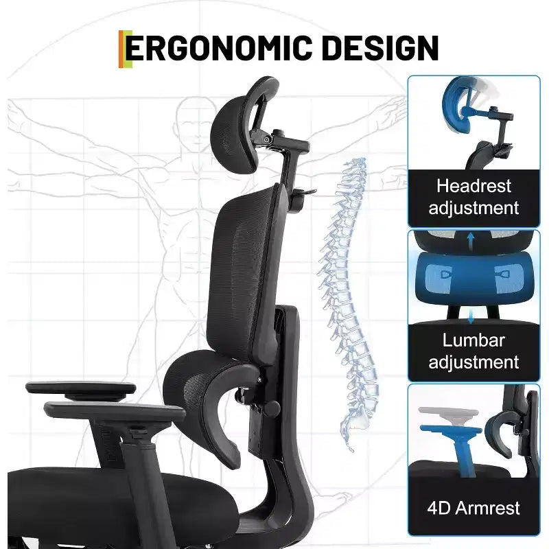 Sedia da Ufficio Ergonomica in Rete, Sedia da Scrivania con Schienale Alto e Supporto Lombare Regolabile 300 libbre, Braccioli Ribaltabili 4D, Seduta Girevole con Rotelle per Lunghe Ore di Lavoro al Computer
