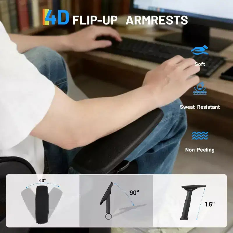 Sedia da Ufficio Ergonomica in Rete, Sedia da Scrivania con Schienale Alto e Supporto Lombare Regolabile 300 libbre, Braccioli Ribaltabili 4D, Seduta Girevole con Rotelle per Lunghe Ore di Lavoro al Computer