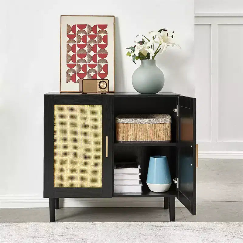 Credenza Buffet con Ripostiglio, Armadietto in Rattan con Ante e Ripiani Regolabili, Credenza Moderna per Ingresso Soggiorno