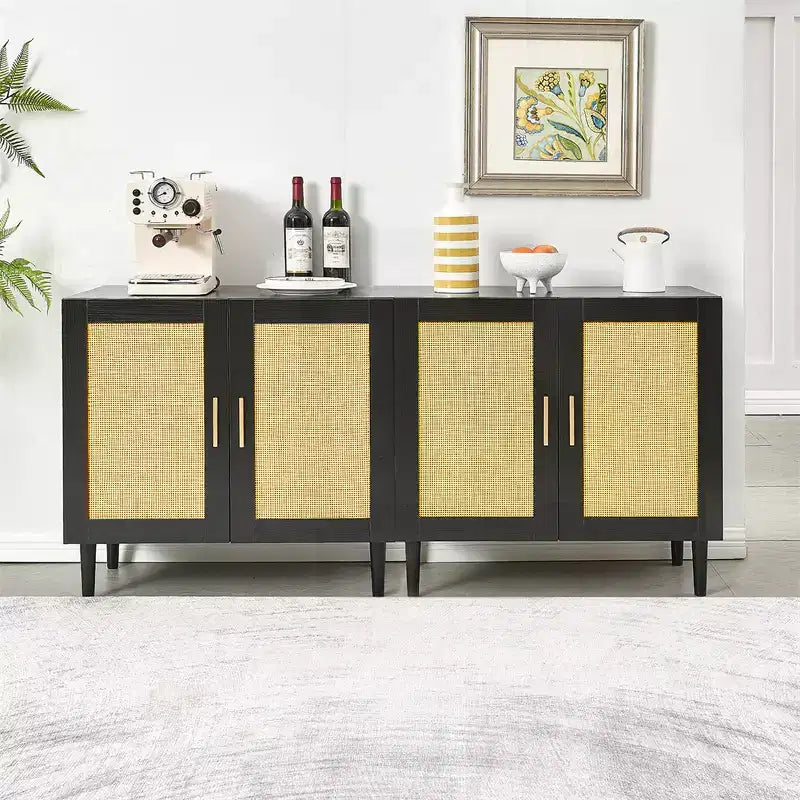 Credenza Buffet con Ripostiglio, Armadietto in Rattan con Ante e Ripiani Regolabili, Credenza Moderna per Ingresso Soggiorno