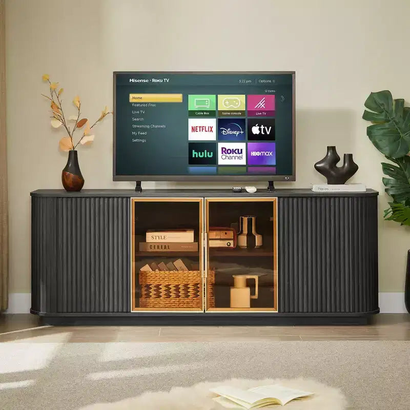 JVNOXK Mobile TV ondulato da 162 cm con armadietto a strisce verticali e vetrina in vetro, adatto per soggiorno/camera da letto, Nero