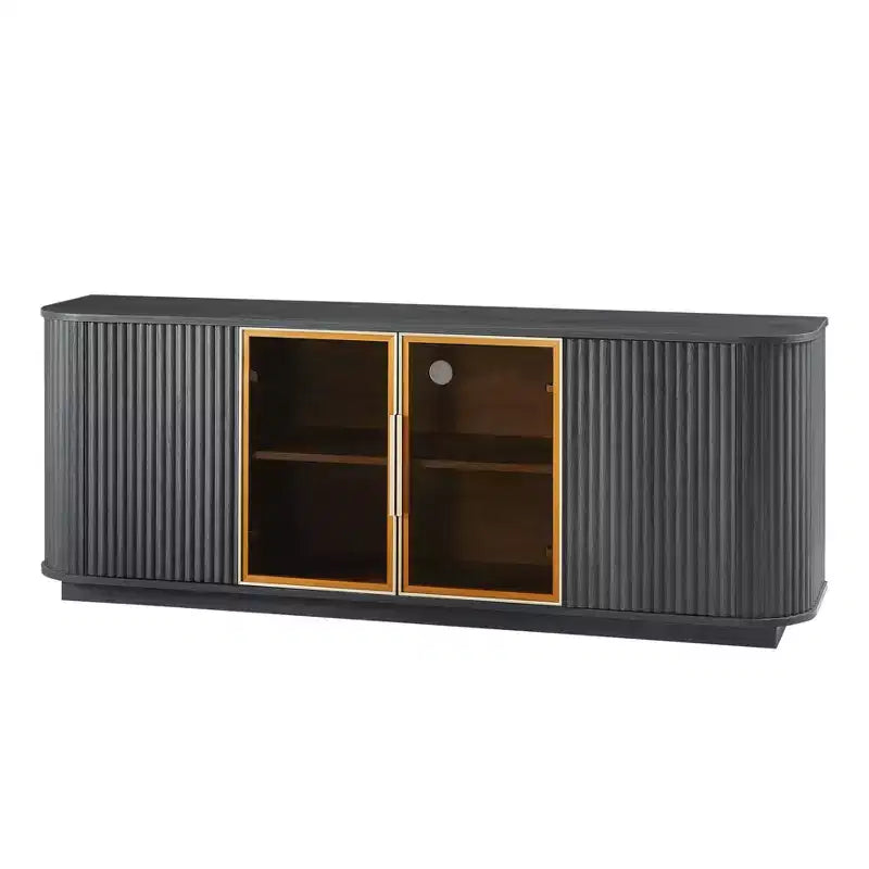 JVNOXK Mobile TV ondulato da 162 cm con armadietto a strisce verticali e vetrina in vetro, adatto per soggiorno/camera da letto, Nero