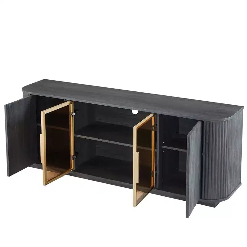 JVNOXK Mobile TV ondulato da 162 cm con armadietto a strisce verticali e vetrina in vetro, adatto per soggiorno/camera da letto, Nero