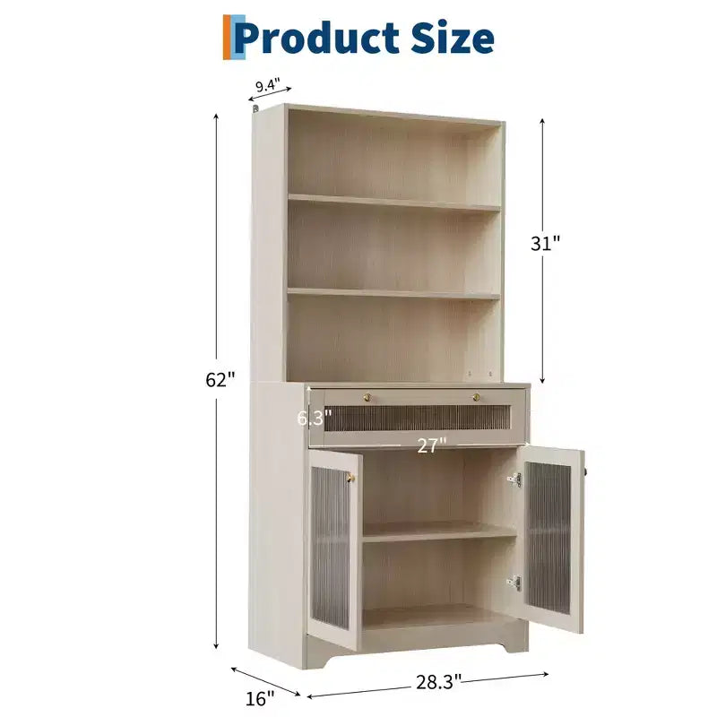 Dispensa da 157 cm con ante in vetro, 3 ripiani aperti e cassetto, ripiani regolabili per cucina, sala da pranzo, mobile contenitore