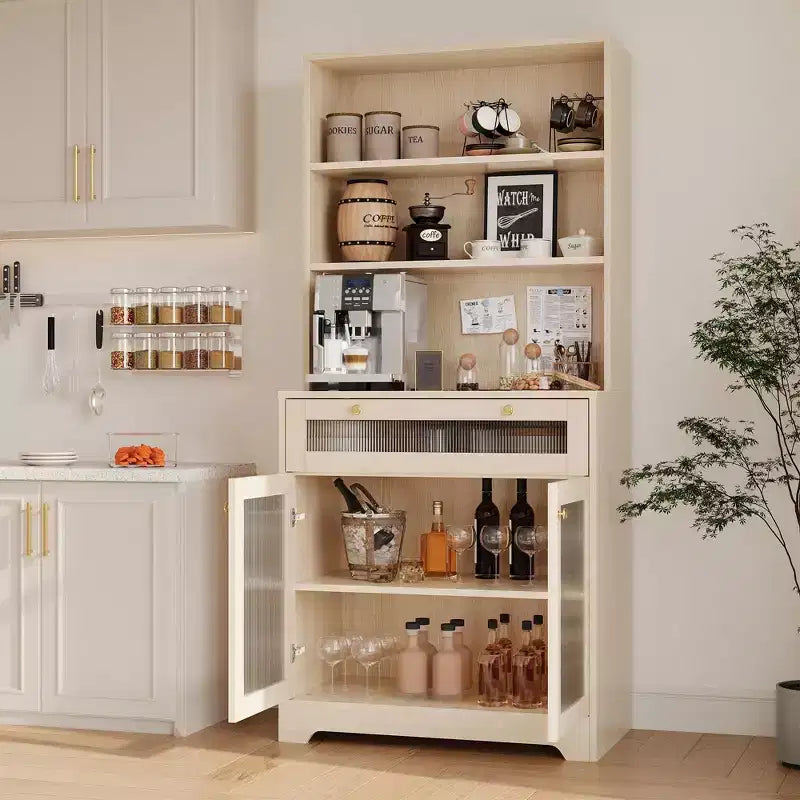 Dispensa da 157 cm con ante in vetro, 3 ripiani aperti e cassetto, ripiani regolabili per cucina, sala da pranzo, mobile contenitore
