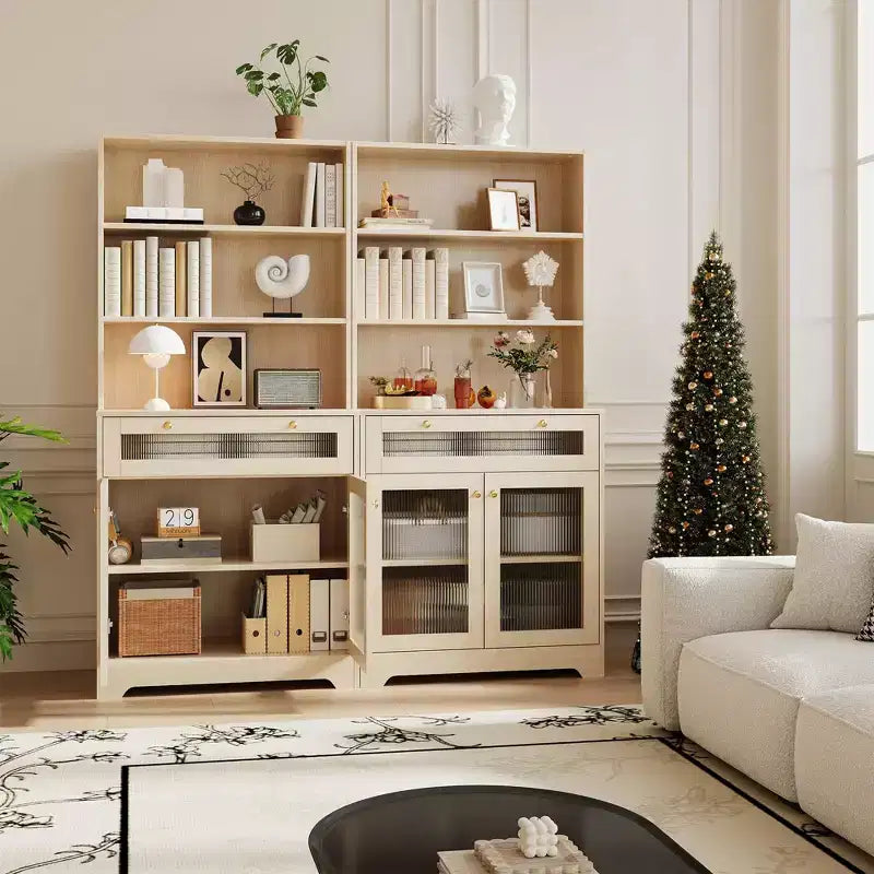 Dispensa da 157 cm con ante in vetro, 3 ripiani aperti e cassetto, ripiani regolabili per cucina, sala da pranzo, mobile contenitore
