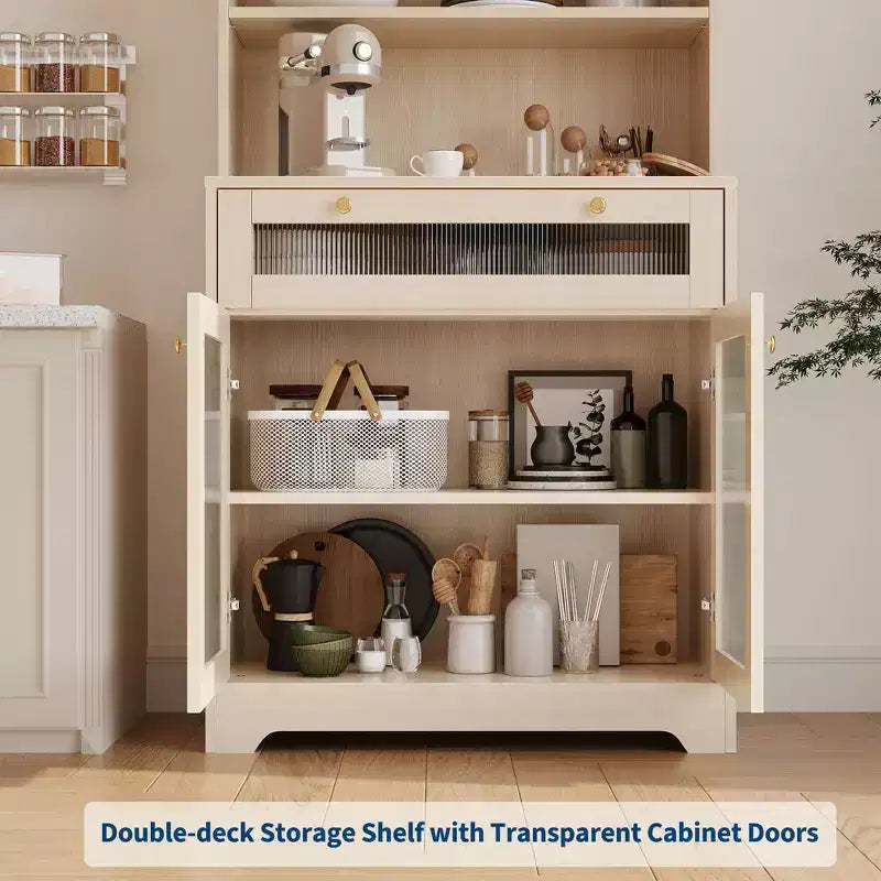 Dispensa da 157 cm con ante in vetro, 3 ripiani aperti e cassetto, ripiani regolabili per cucina, sala da pranzo, mobile contenitore