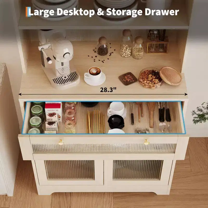 Dispensa da 157 cm con ante in vetro, 3 ripiani aperti e cassetto, ripiani regolabili per cucina, sala da pranzo, mobile contenitore