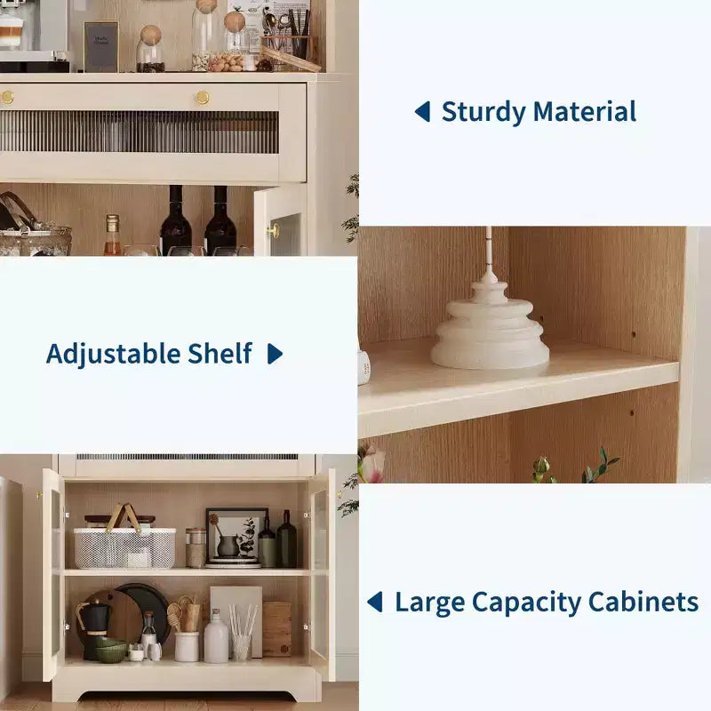 Dispensa da 157 cm con ante in vetro, 3 ripiani aperti e cassetto, ripiani regolabili per cucina, sala da pranzo, mobile contenitore