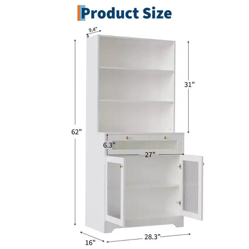 Dispensa da 157 cm con ante in vetro, 3 ripiani aperti e cassetto, ripiani regolabili per cucina, sala da pranzo, mobile contenitore
