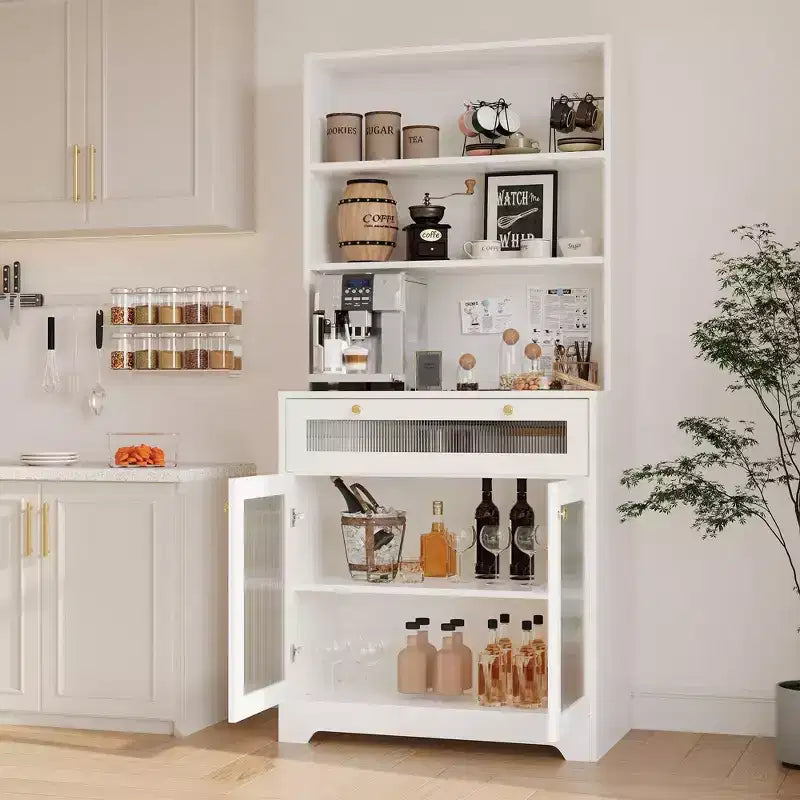 Dispensa da 157 cm con ante in vetro, 3 ripiani aperti e cassetto, ripiani regolabili per cucina, sala da pranzo, mobile contenitore