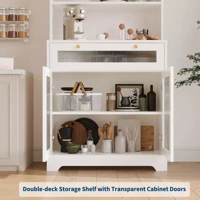 Dispensa da 157 cm con ante in vetro, 3 ripiani aperti e cassetto, ripiani regolabili per cucina, sala da pranzo, mobile contenitore