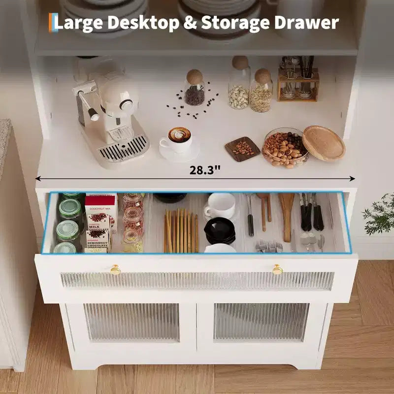 Dispensa da 157 cm con ante in vetro, 3 ripiani aperti e cassetto, ripiani regolabili per cucina, sala da pranzo, mobile contenitore