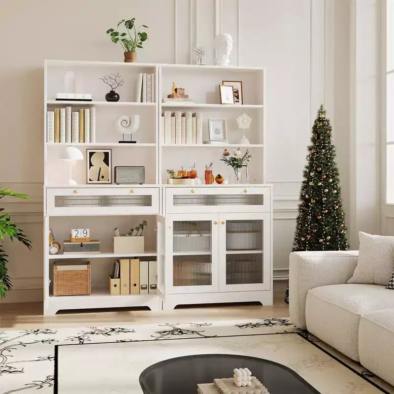 Dispensa da 157 cm con ante in vetro, 3 ripiani aperti e cassetto, ripiani regolabili per cucina, sala da pranzo, mobile contenitore