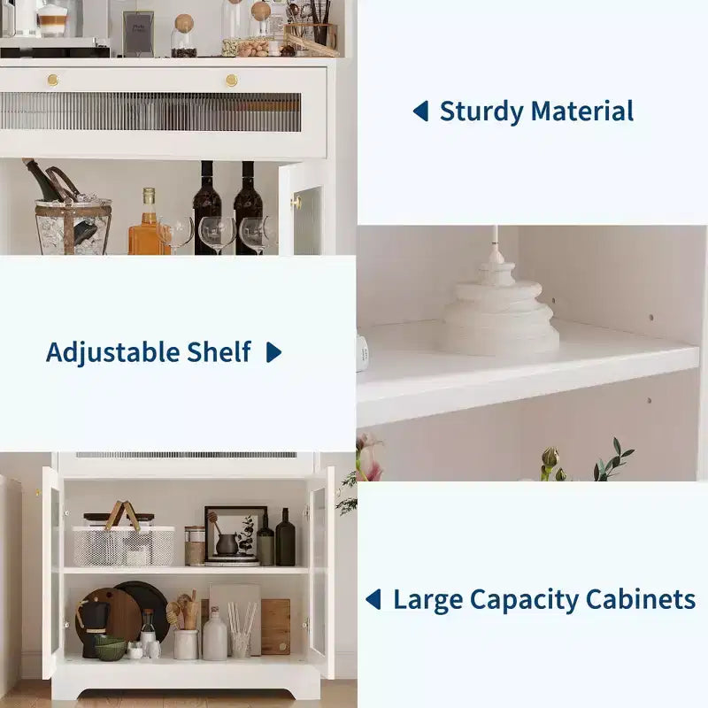 Dispensa da 157 cm con ante in vetro, 3 ripiani aperti e cassetto, ripiani regolabili per cucina, sala da pranzo, mobile contenitore