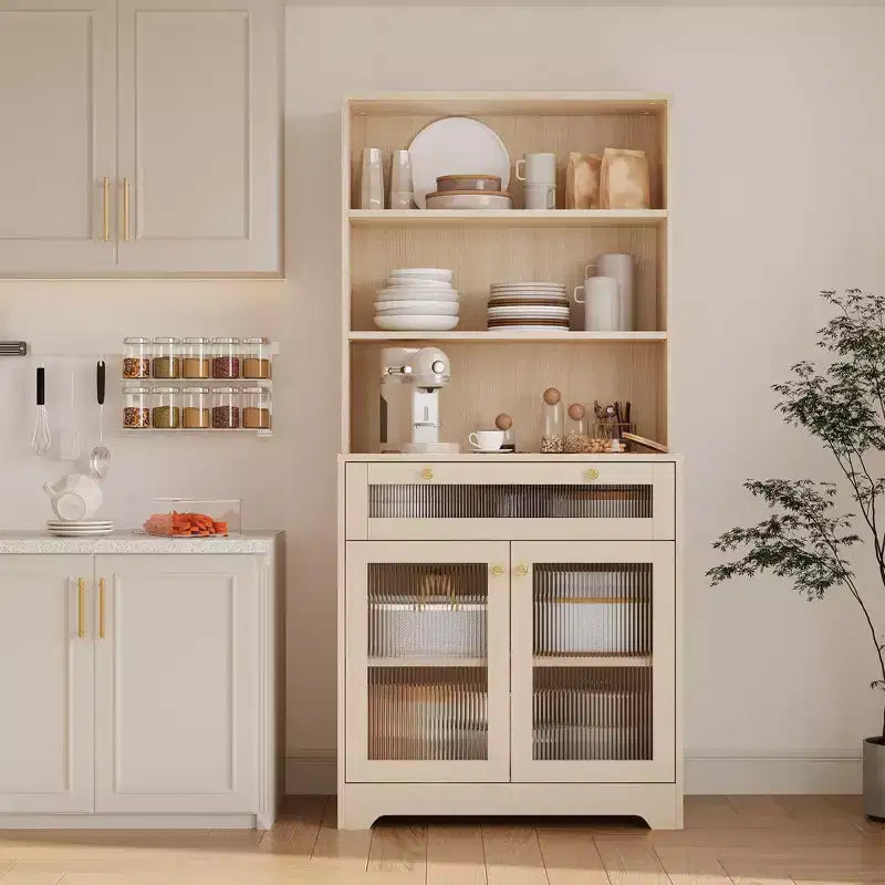 Dispensa da 157 cm con ante in vetro, 3 ripiani aperti e cassetto, ripiani regolabili per cucina, sala da pranzo, mobile contenitore