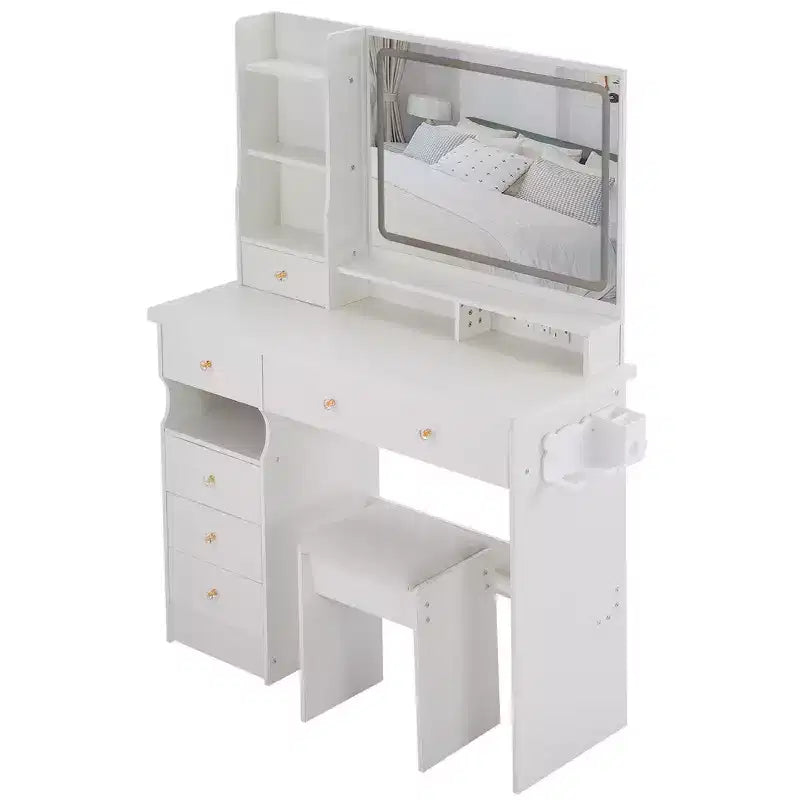 Toeletta Trucco con Specchio e Luce, Set Scrivania Cassettiera con Sgabello Imbottito, Toeletta Trucco con Stazione di Ricarica, Luminosità Regolabile