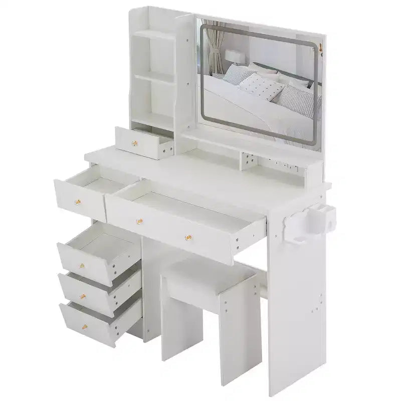 Toeletta Trucco con Specchio e Luce, Set Scrivania Cassettiera con Sgabello Imbottito, Toeletta Trucco con Stazione di Ricarica, Luminosità Regolabile