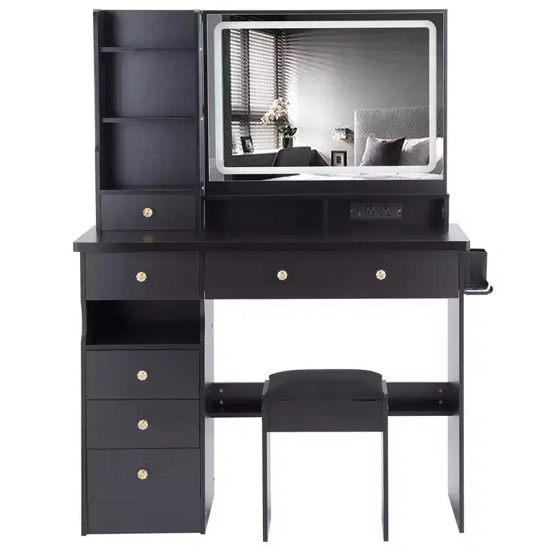 Toeletta Trucco con Specchio e Luce, Set Scrivania Cassettiera con Sgabello Imbottito, Toeletta Trucco con Stazione di Ricarica, Luminosità Regolabile