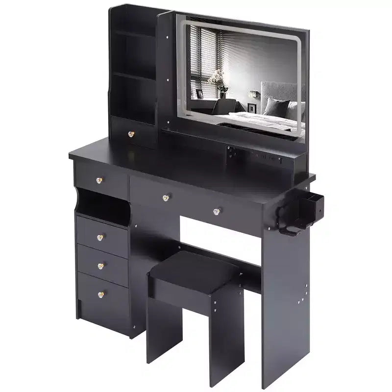 Toeletta Trucco con Specchio e Luce, Set Scrivania Cassettiera con Sgabello Imbottito, Toeletta Trucco con Stazione di Ricarica, Luminosità Regolabile