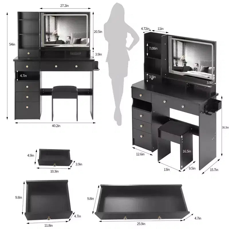 Toeletta Trucco con Specchio e Luce, Set Scrivania Cassettiera con Sgabello Imbottito, Toeletta Trucco con Stazione di Ricarica, Luminosità Regolabile