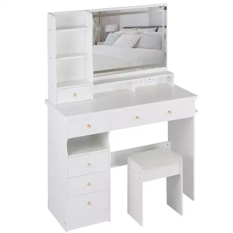 Toeletta Trucco con Specchio e Luce, Set Scrivania Cassettiera con Sgabello Imbottito, Toeletta Trucco con Stazione di Ricarica, Luminosità Regolabile