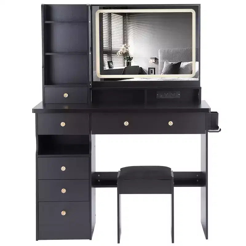 Toeletta Trucco con Specchio e Luce, Set Scrivania Cassettiera con Sgabello Imbottito, Toeletta Trucco con Stazione di Ricarica, Luminosità Regolabile