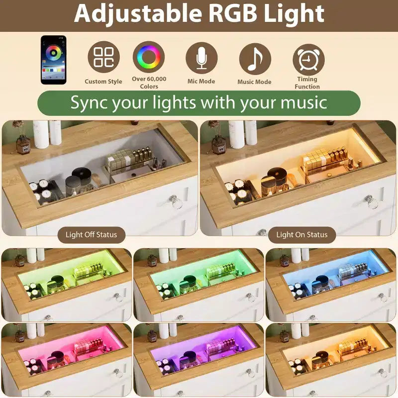 Comò in legno a 4 cassetti per camera da letto con luce, mobile contenitore in legno, cassettiera, cassetti organizer per soggiorno, corridoio, armadio