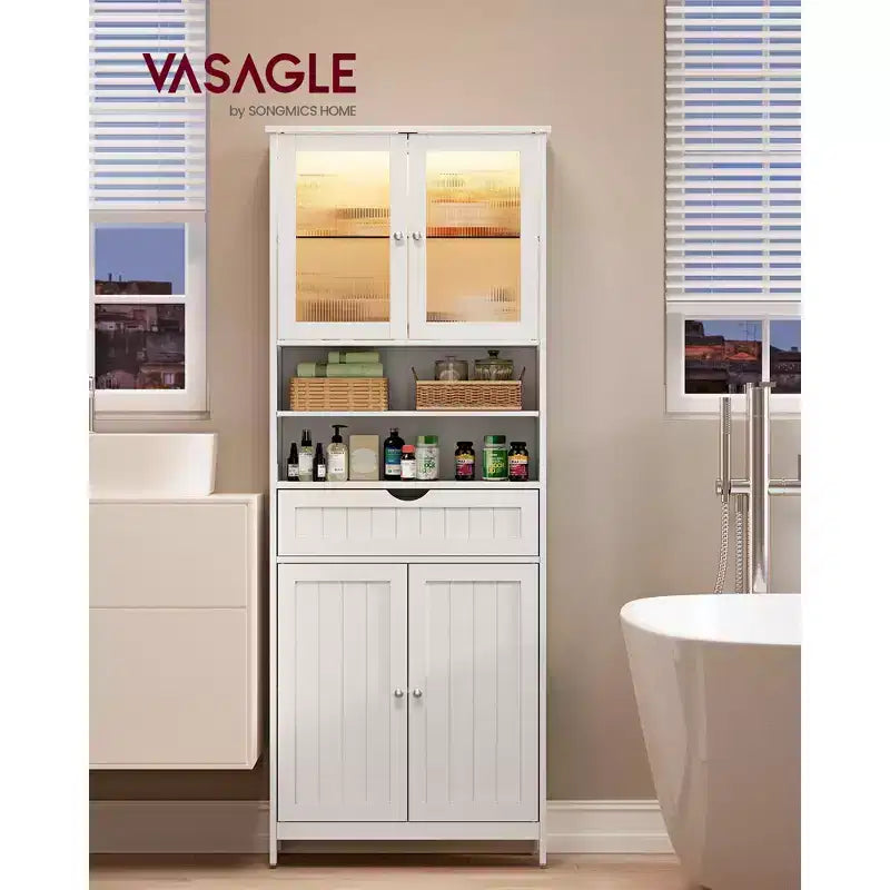 VASAGLE Mobiletto da Bagno con Ante, Mensole Regolabili, Cassetto, Scomparti Aperti, Bianco Nuvola