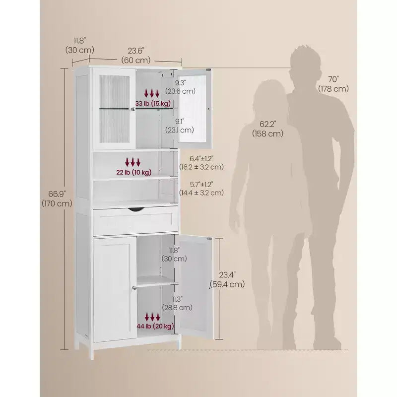 VASAGLE Mobiletto da Bagno con Ante, Mensole Regolabili, Cassetto, Scomparti Aperti, Bianco Nuvola