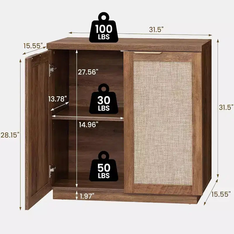 Hommpa 31 Mobiletto Credenza a 2 Ante in Rattan, Organizer Multiuso per Sala da Pranzo