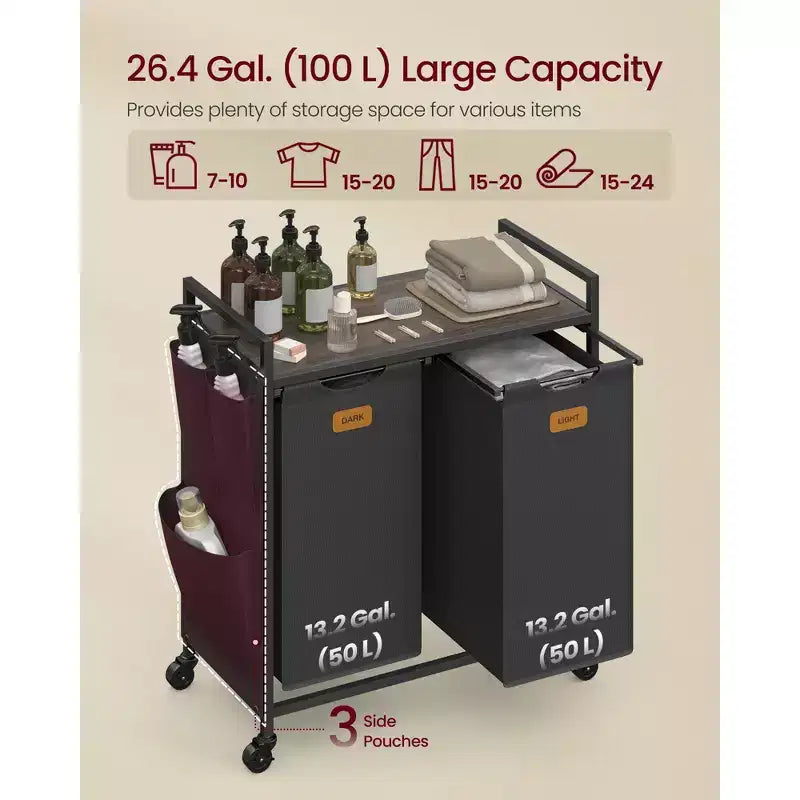 VASAGLE Cesto Portabiancheria, Carrello con Ruote e Ripiani, Tasche Laterali, 6 Etichette, 2 Scomparti, 100 L, Nero Inchiostro e Marrone Cenere