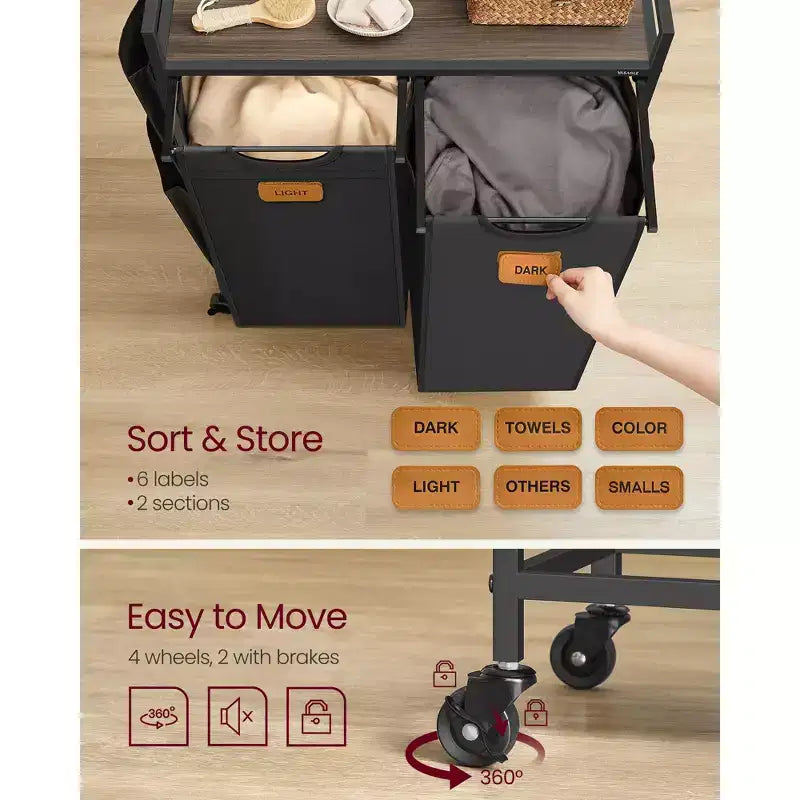 VASAGLE Cesto Portabiancheria, Carrello con Ruote e Ripiani, Tasche Laterali, 6 Etichette, 2 Scomparti, 100 L, Nero Inchiostro e Marrone Cenere