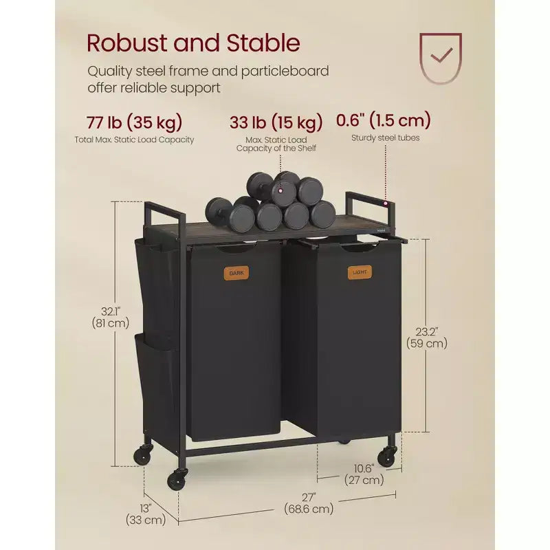 VASAGLE Cesto Portabiancheria, Carrello con Ruote e Ripiani, Tasche Laterali, 6 Etichette, 2 Scomparti, 100 L, Nero Inchiostro e Marrone Cenere