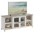 VASAGLE TV Stand for TVs up to 65 Inches, TV Cabinet with Open Shelves, Closed Cabinet, Glass Doors, Rustic White and Heather Greige