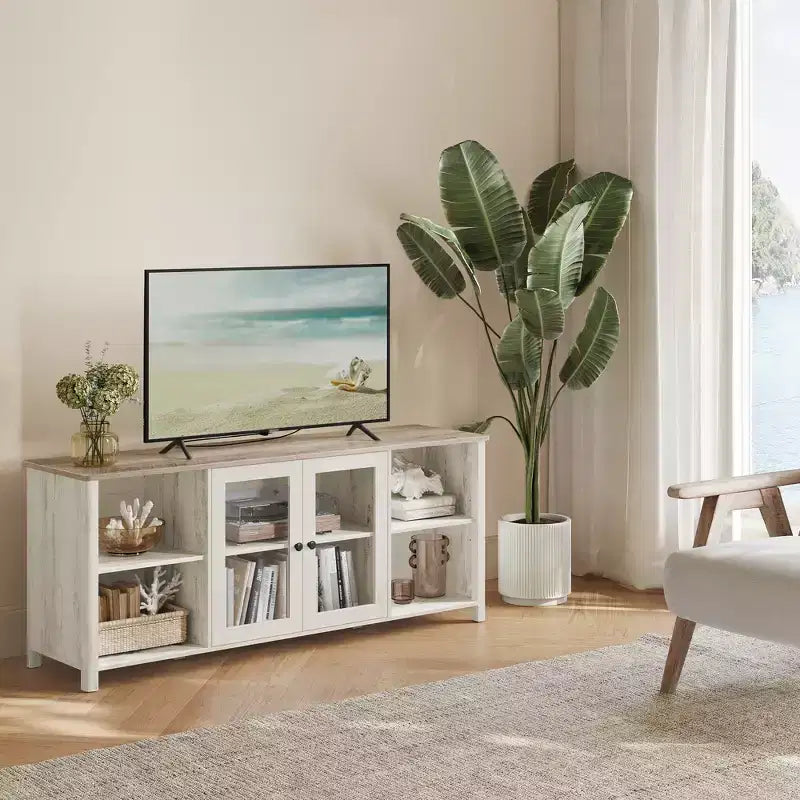 Mobile porta TV VASAGLE per TV fino a 65 pollici, mobile TV con ripiani aperti, armadietto chiuso, ante in vetro, bianco rustico e grigio brughiera