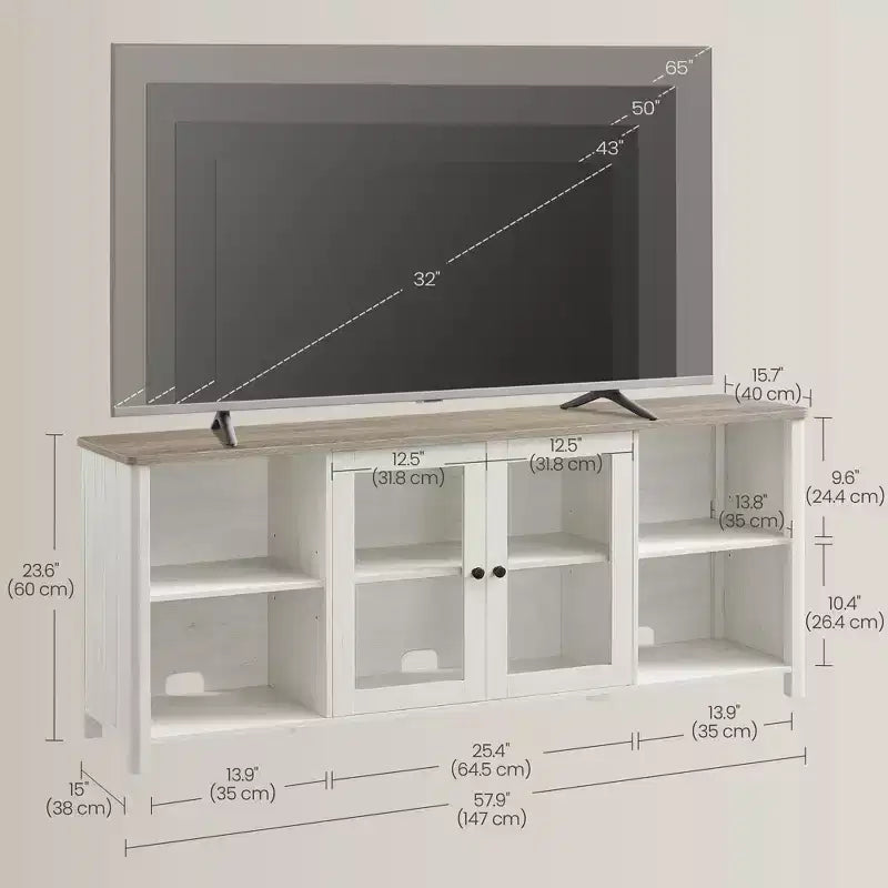 Mobile porta TV VASAGLE per TV fino a 65 pollici, mobile TV con ripiani aperti, armadietto chiuso, ante in vetro, bianco rustico e grigio brughiera