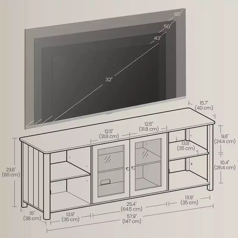 Mobile porta TV VASAGLE per TV fino a 65 pollici, mobile TV con ripiani aperti, armadietto chiuso, ante in vetro, bianco rustico e grigio brughiera