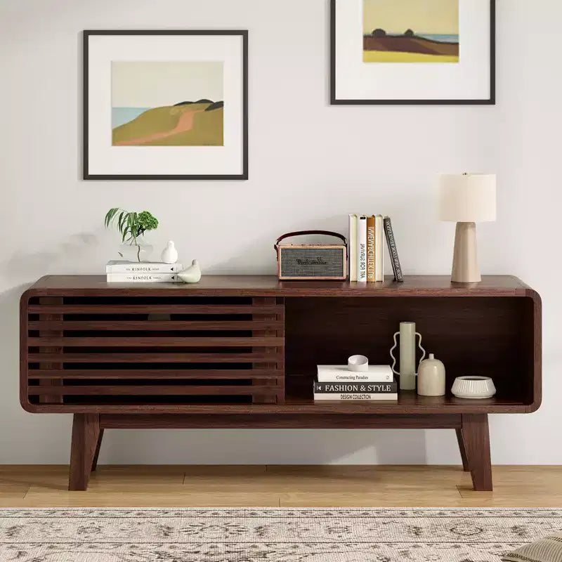 JVNOXK TV Stand for TV Up to 59 Inch, Entertainment Center with Storage Cabinet and Sliding Door, Mid-Modern Century Console Table for Living Room
