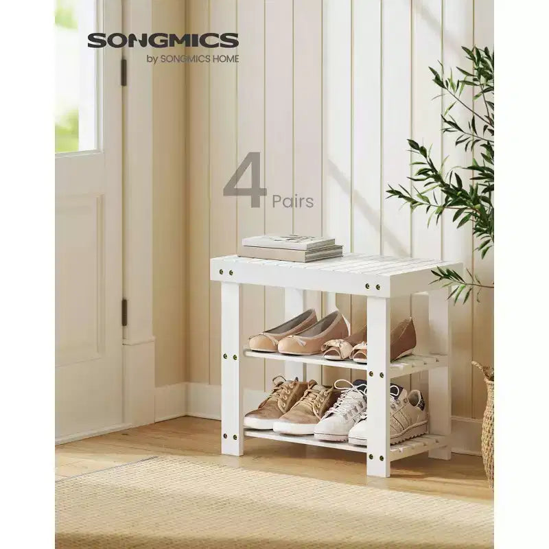 SONGMICS Scarpiera Panca, Organizzatore Porta Scarpe a 3 Livelli in Bambù, Panchina da Ingresso, Capacità di Carico Fino a 130 kg, 28,7 x 50 x 45,2 cm