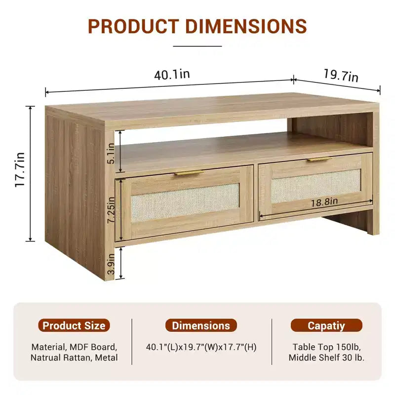 Tavolino da Caffè in Rovere a 2 Livelli C 102x50x45cm Tavolino in Rattan Mid-Century con 2 Cassetti per Soggiorno/Ufficio