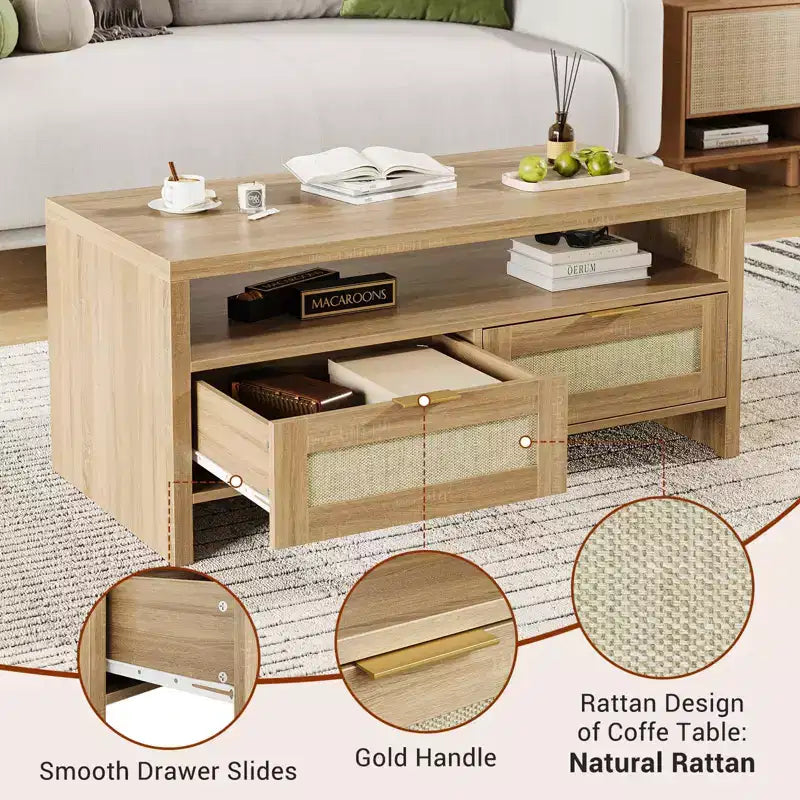 Tavolino da Caffè in Rovere a 2 Livelli C 102x50x45cm Tavolino in Rattan Mid-Century con 2 Cassetti per Soggiorno/Ufficio