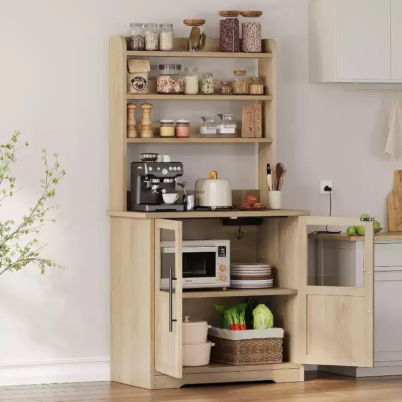 Scaffale da cucina a 6 livelli con armadietto, supporto per forno a microonde, dispensa con anta, scaffale versatile alto, armadietto da caffè stile rustico