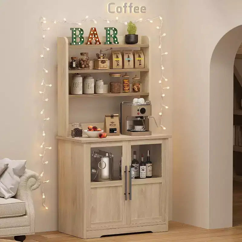 Scaffale da cucina a 6 livelli con armadietto, supporto per forno a microonde, dispensa con anta, scaffale versatile alto, armadietto da caffè stile rustico