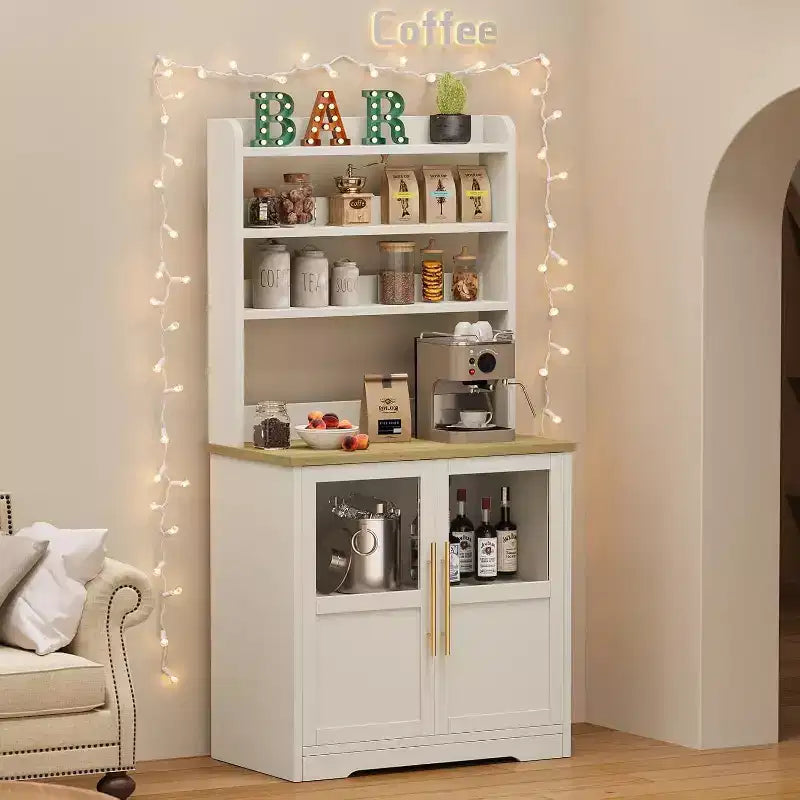 Scaffale da cucina a 6 livelli con armadietto, supporto per forno a microonde, dispensa con anta, scaffale versatile alto, armadietto da caffè stile rustico