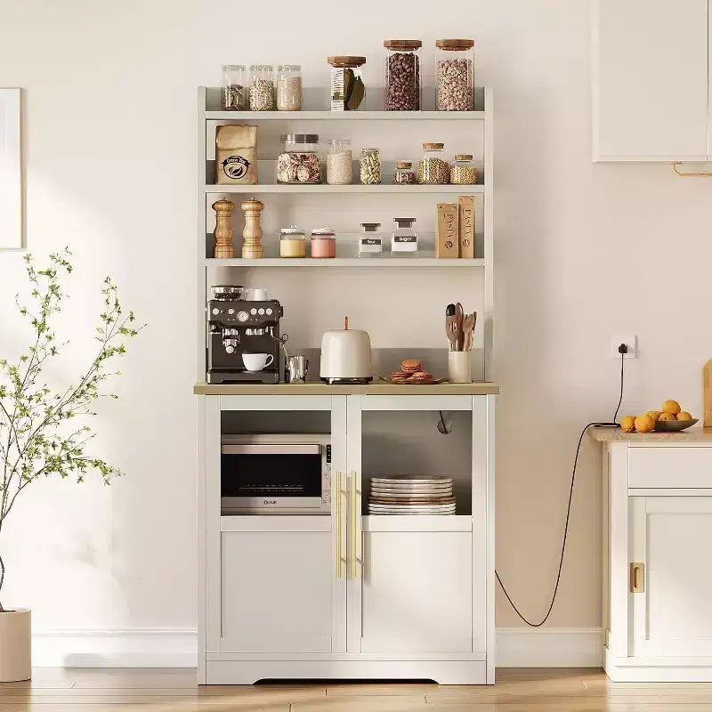 Scaffale da cucina a 6 livelli con armadietto, supporto per forno a microonde, dispensa con anta, scaffale versatile alto, armadietto da caffè stile rustico