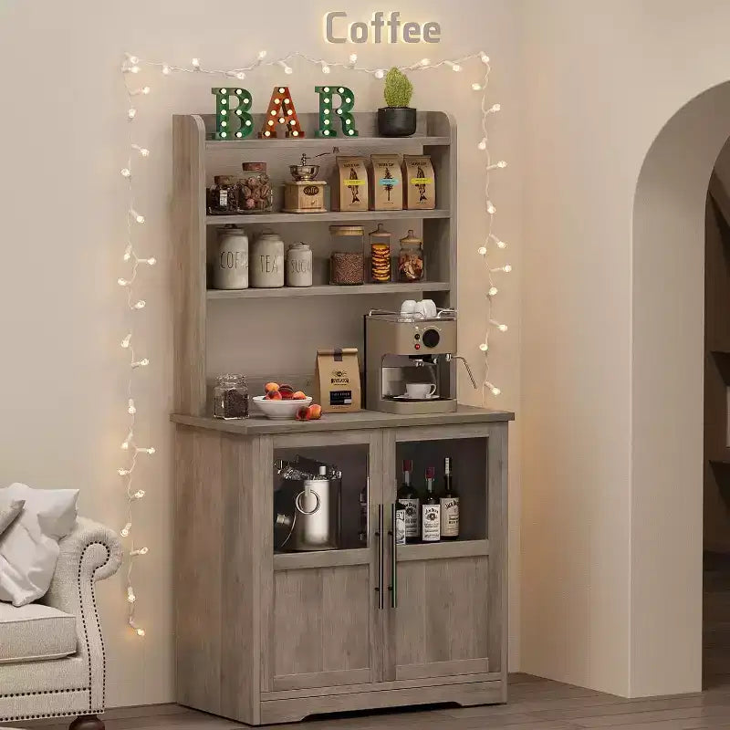 Scaffale da cucina a 6 livelli con armadietto, supporto per forno a microonde, dispensa con anta, scaffale versatile alto, armadietto da caffè stile rustico