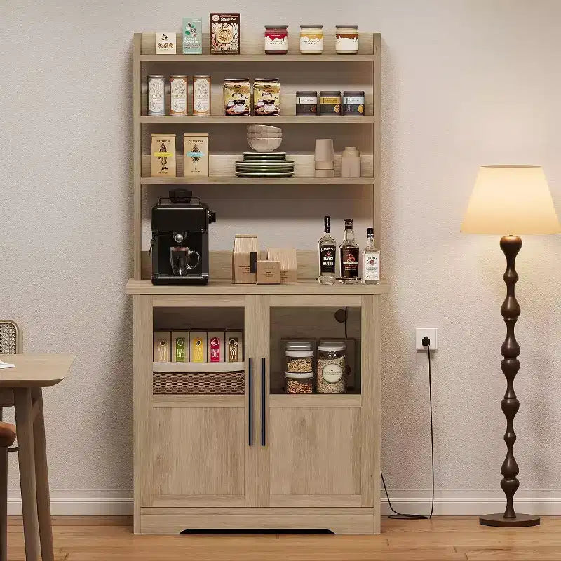 Scaffale da cucina a 6 livelli con armadietto, supporto per forno a microonde, dispensa con anta, scaffale versatile alto, armadietto da caffè stile rustico