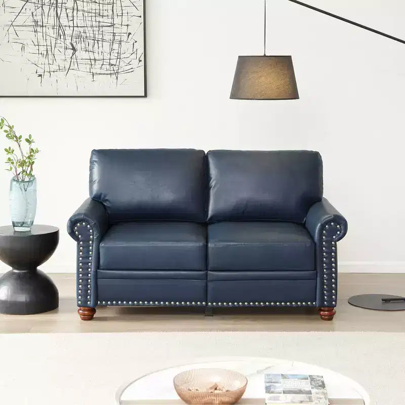 MAYEERTY Loveseat Sofa with Round Arm Silver Nails Couch Faux Leather for Liiving Room Office Navy Blue